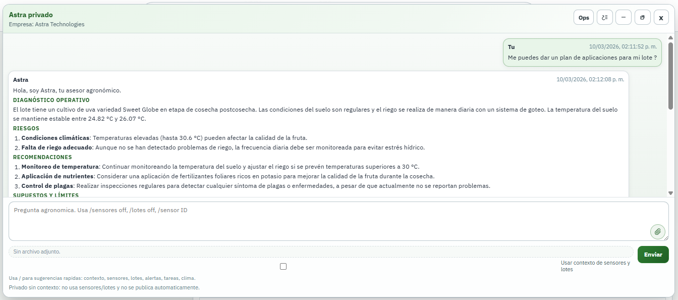 Astra privado conversando con contexto del campo