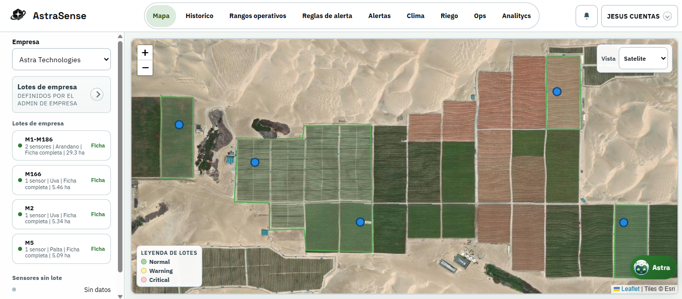 Vista mapa con lotes y sensores en AstraSense